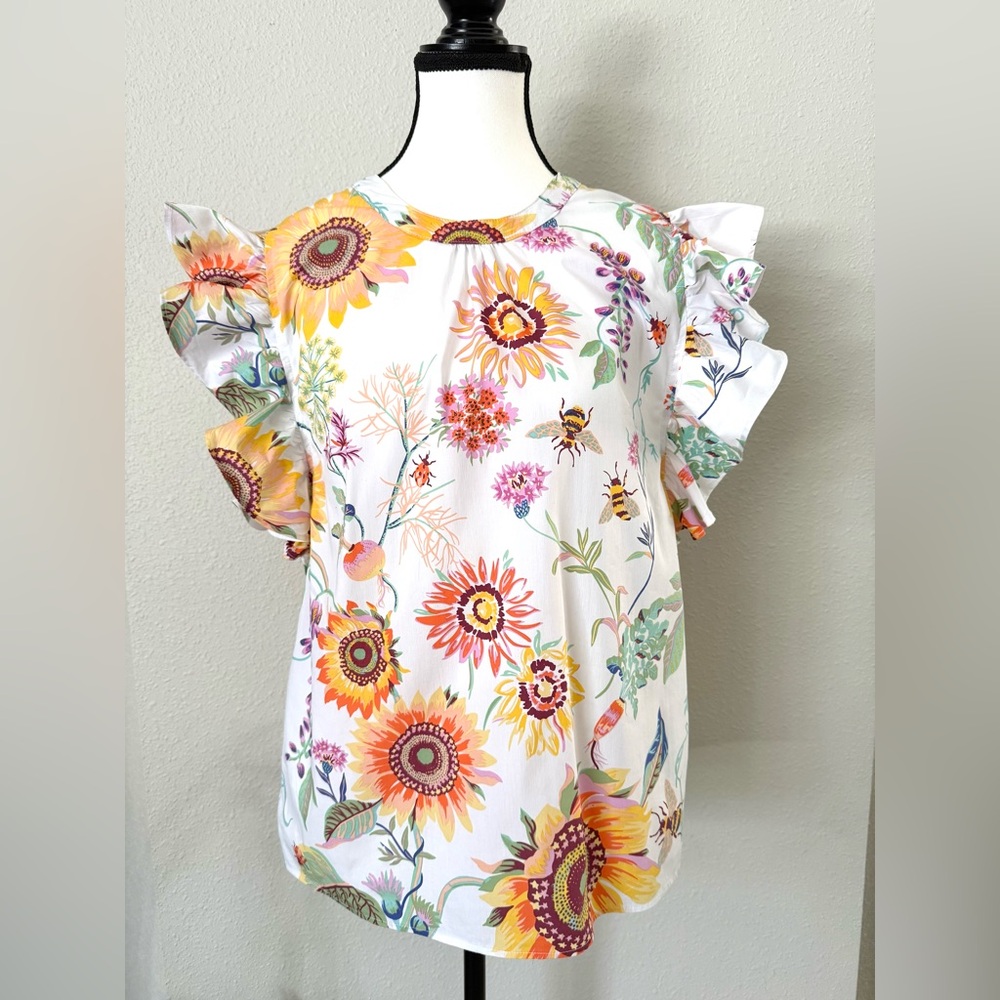 Elie Tahari Sunflower Ruffle Sleeve Blouse - White and Multicolor